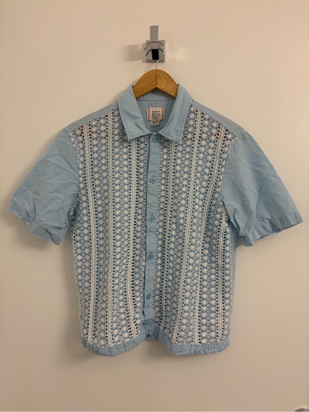BDG Pale Blue Crochet-Front Short Sleeve Button Shirt